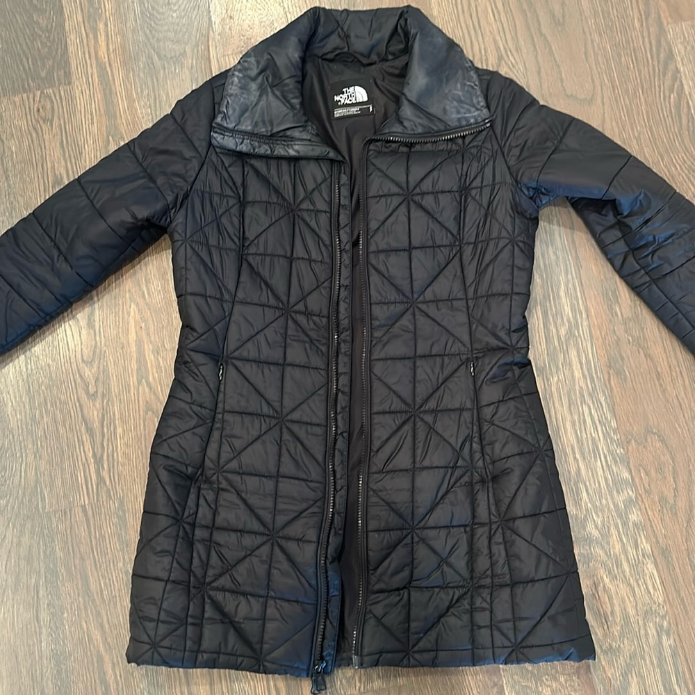 The North Face long quilted jacket with high zip barrel neck